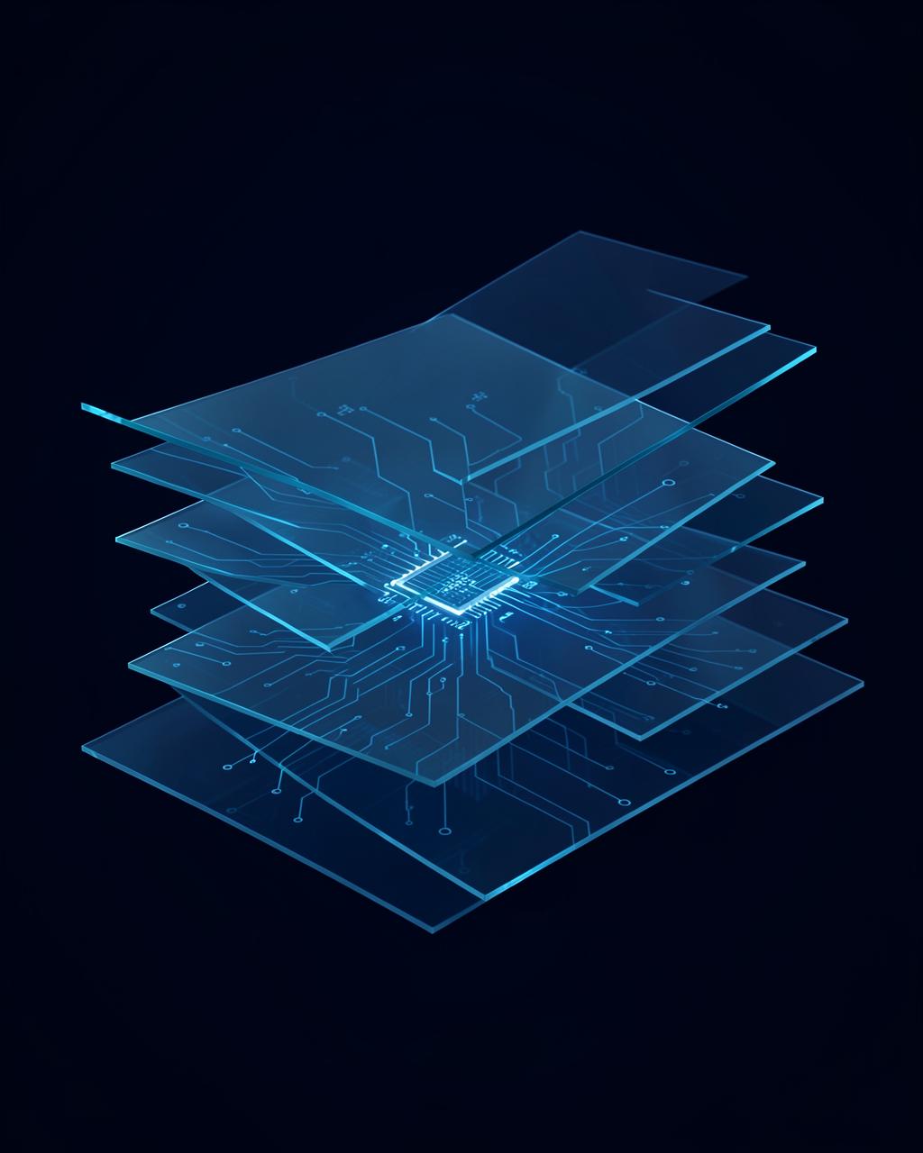Camadas translúcidas representando raciocínio de inteligência artificial