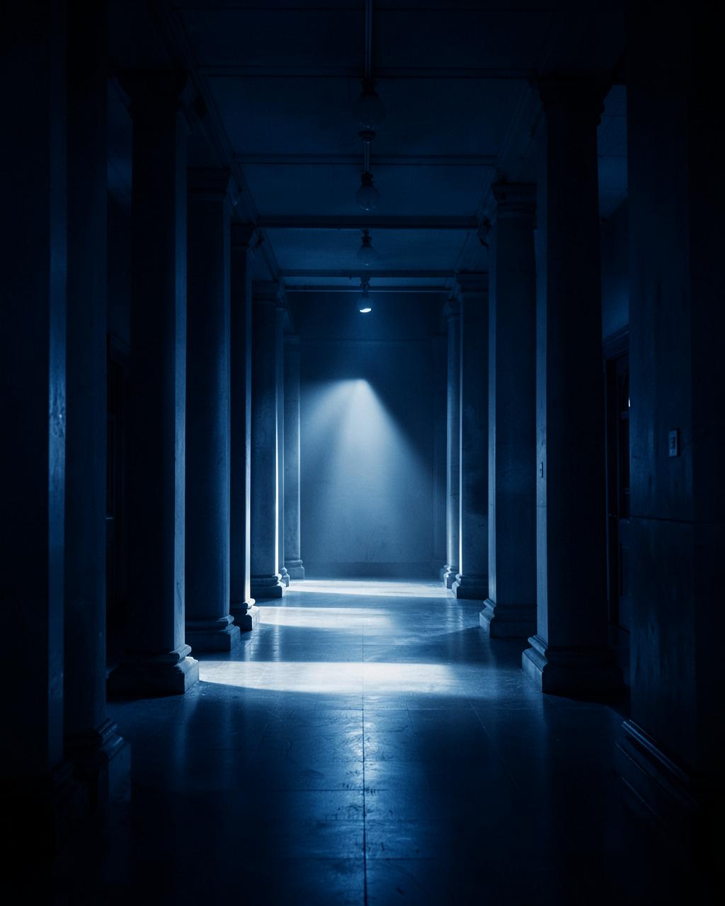 Corredor institucional com colunas e um feixe de luz